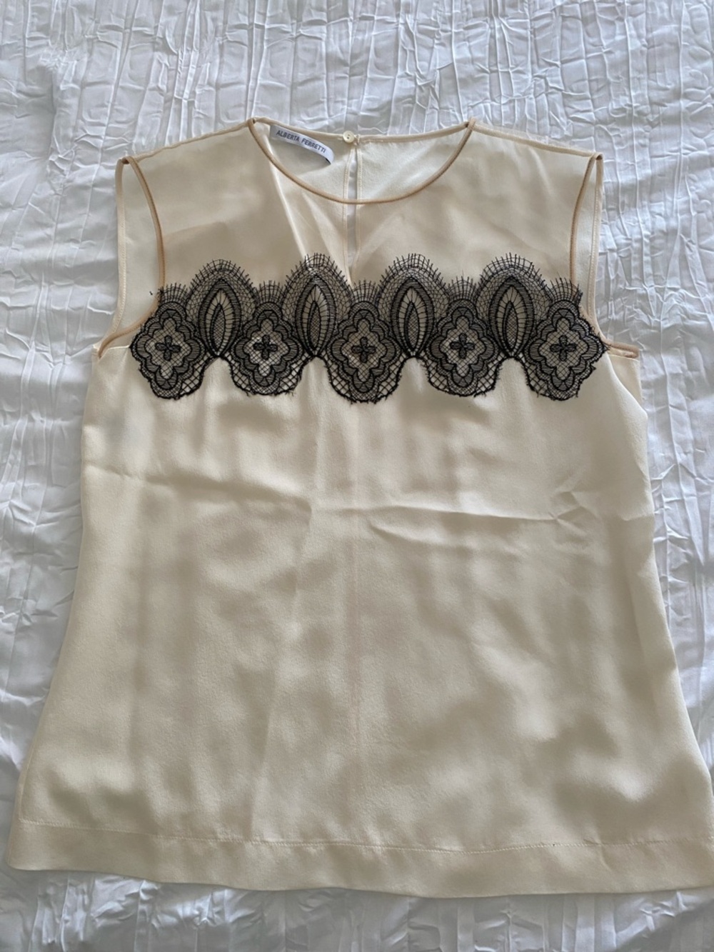 Alberta Ferretti Cream Sleeveless Top with Black Lace Appliqué